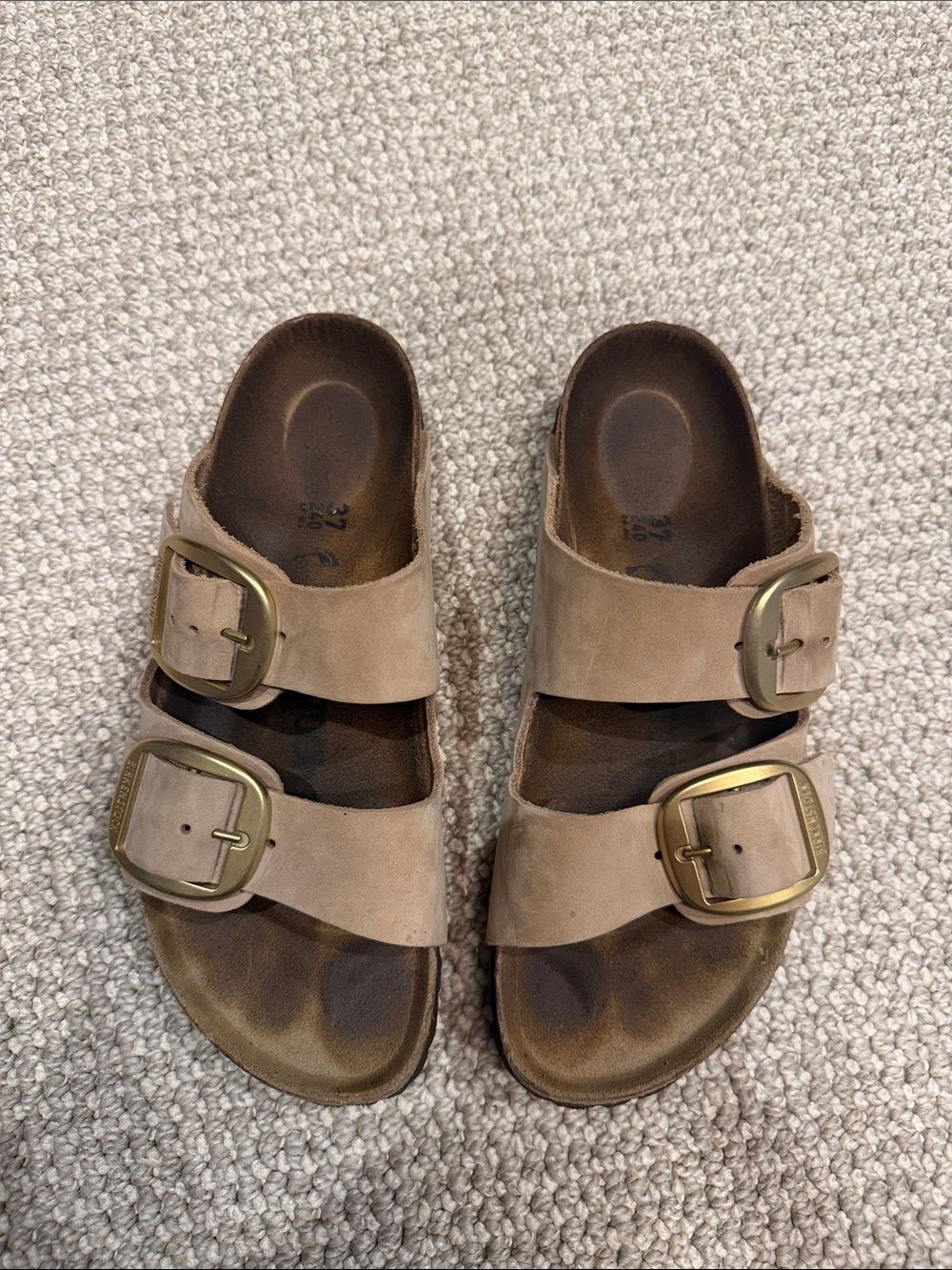 Birkenstock Two-Buckle Suede Slide Sandals in Taupe with Brass Buckles